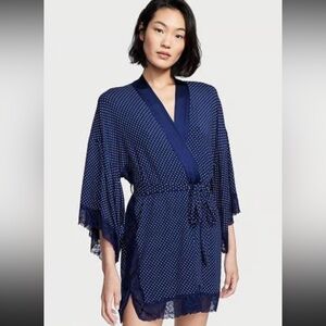 Victoria's Secret Ensign Navy Pin Dot Modal Lace Trim Robe Women's size M/L